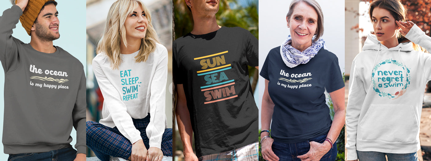 5 people wearing Ocean Swimmers apparels sweaters, long sleeves, short sleeves and hoodies with ocean-inspired quotes